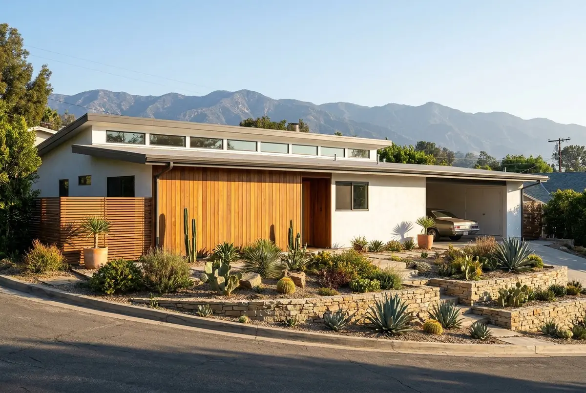A renovated 1950s mid-century ranch house on a hillside street in Sherman Oaks, Los Angeles