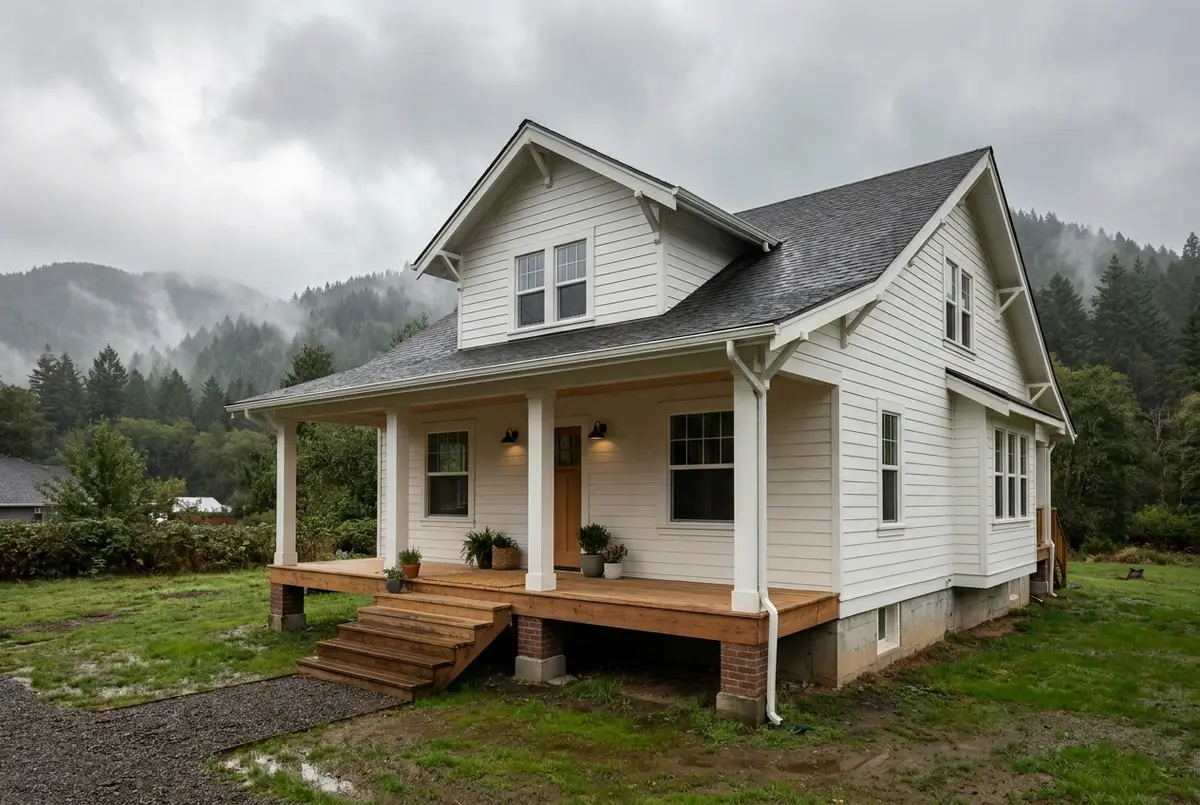 A 1920s house near downtown Snoqualmie, Washington that has been raised above flood level on a new foundation