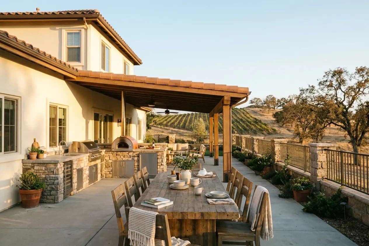 A covered patio with an outdoor kitchen behind a Temecula house, vineyard hills beyond