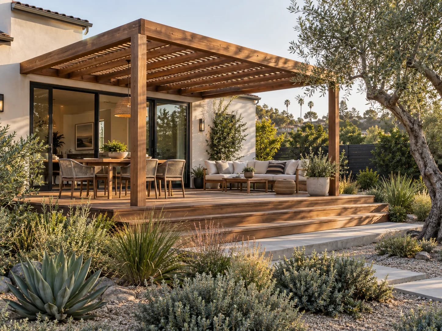 Illustrative contemporary deck and pergola beside a home