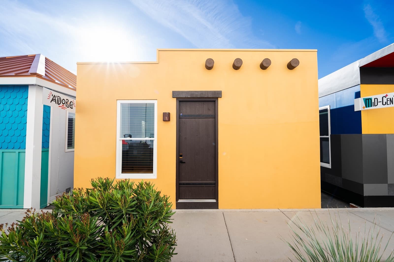A Boxabl Casita finished with an adobe-style front at Boxabl headquarters