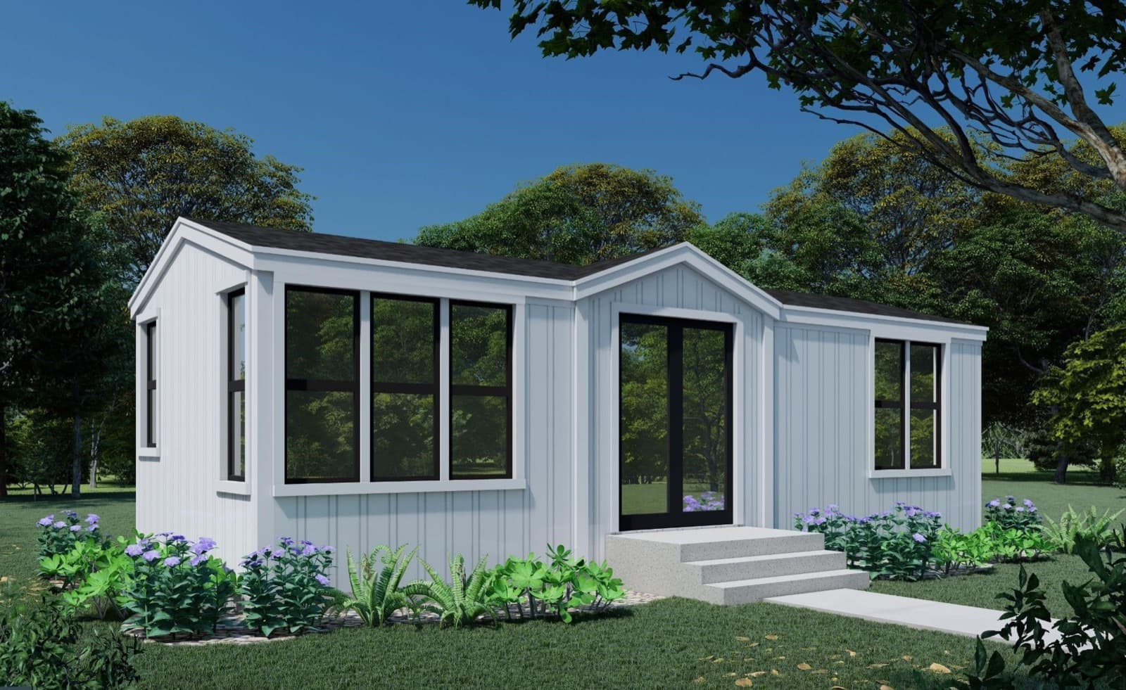 Rendering of a white board-and-batten Perpetual Homes ADU with black-framed windows