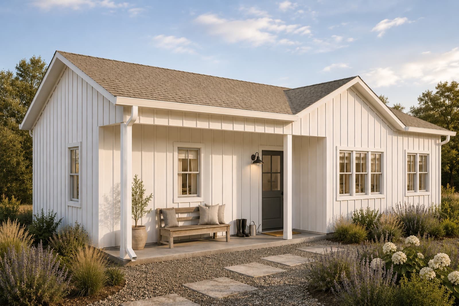 Rendering of the StudioHOME Laurel ADU in its farmhouse style with a covered porch