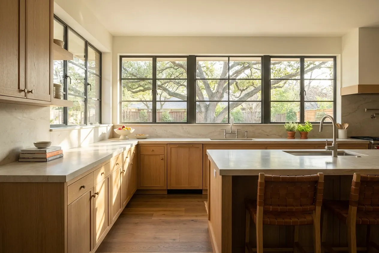A renovated ranch-house kitchen in Dallas with white oak cabinets and windows onto a live oak