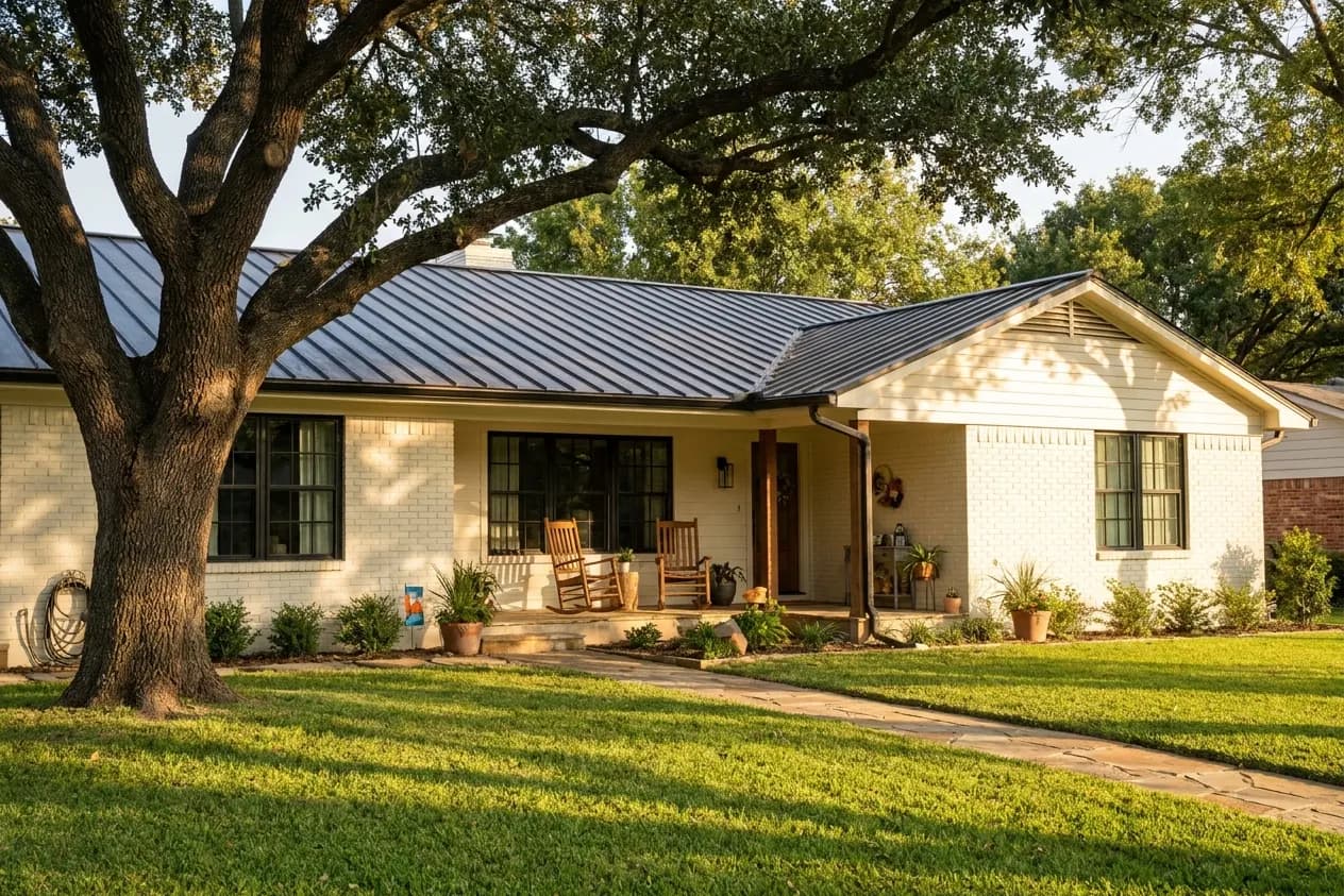 A 1970s Dallas ranch house with freshly painted white brick and a metal porch roof under a live oak