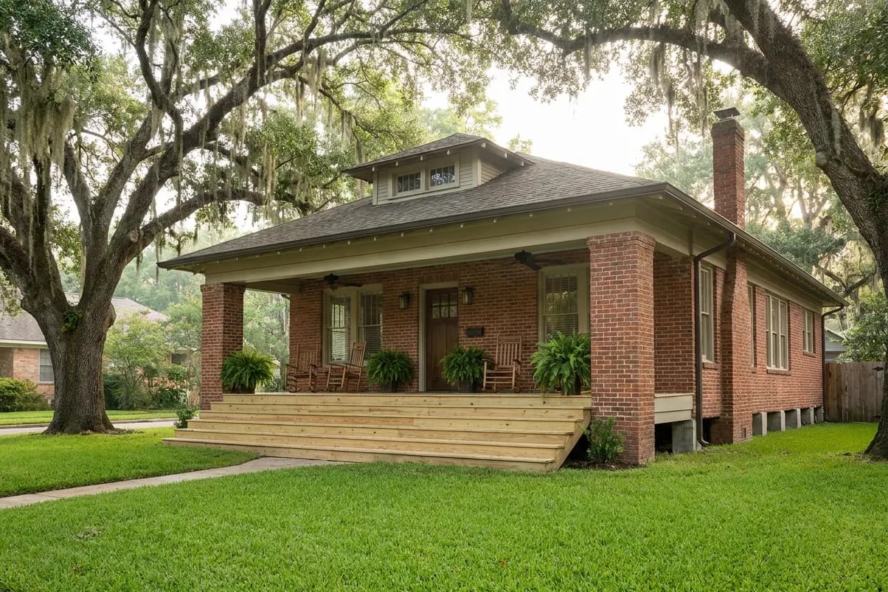A renovated Houston brick house raised on new piers, with a wide front stair under live oaks