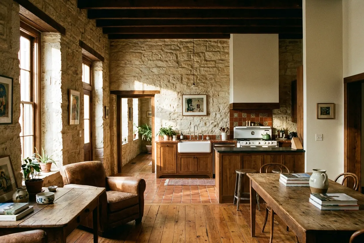 Exposed limestone walls and a renovated kitchen in a historic San Antonio house