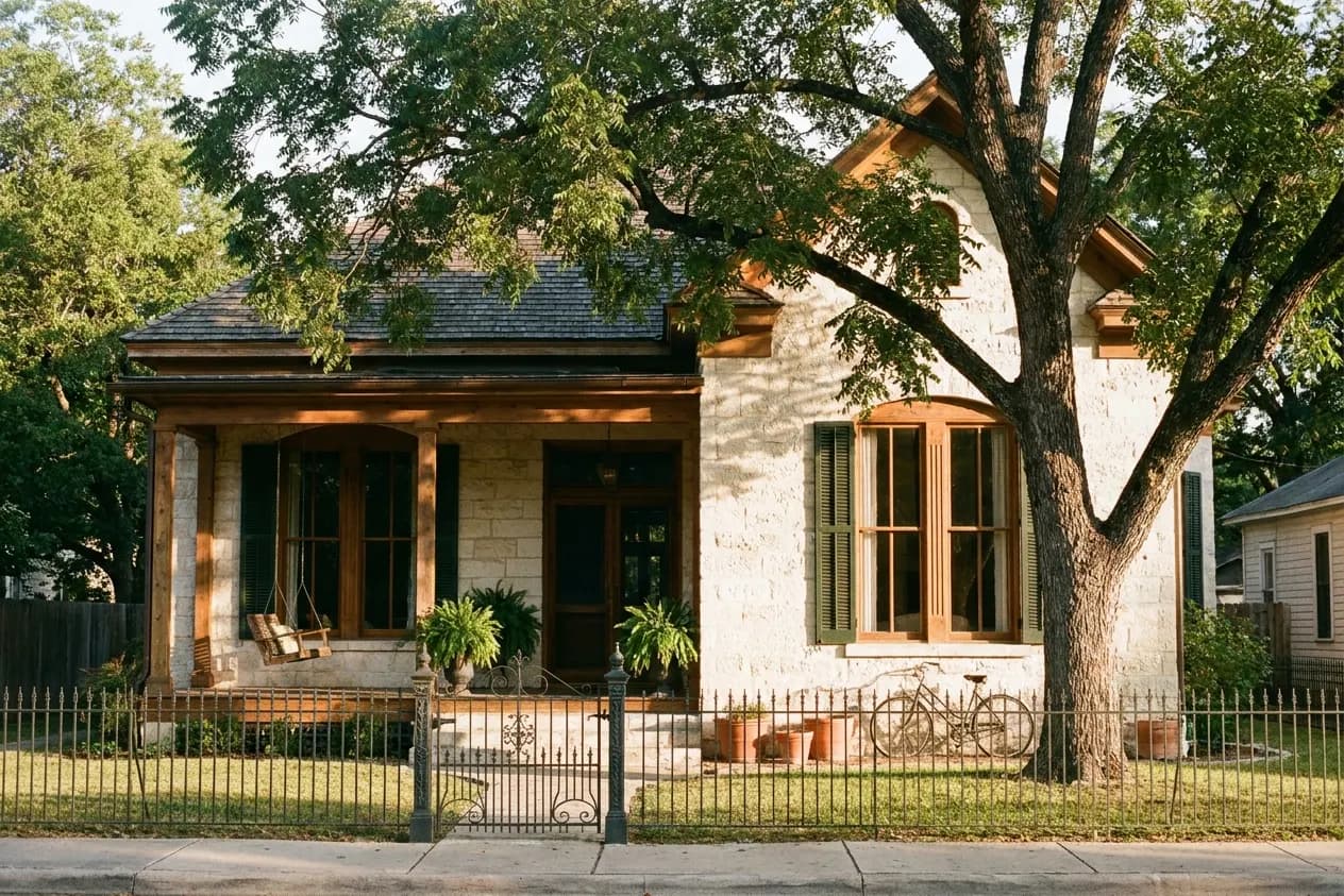 A restored 1890s limestone house with a deep porch in San Antonio's King William district