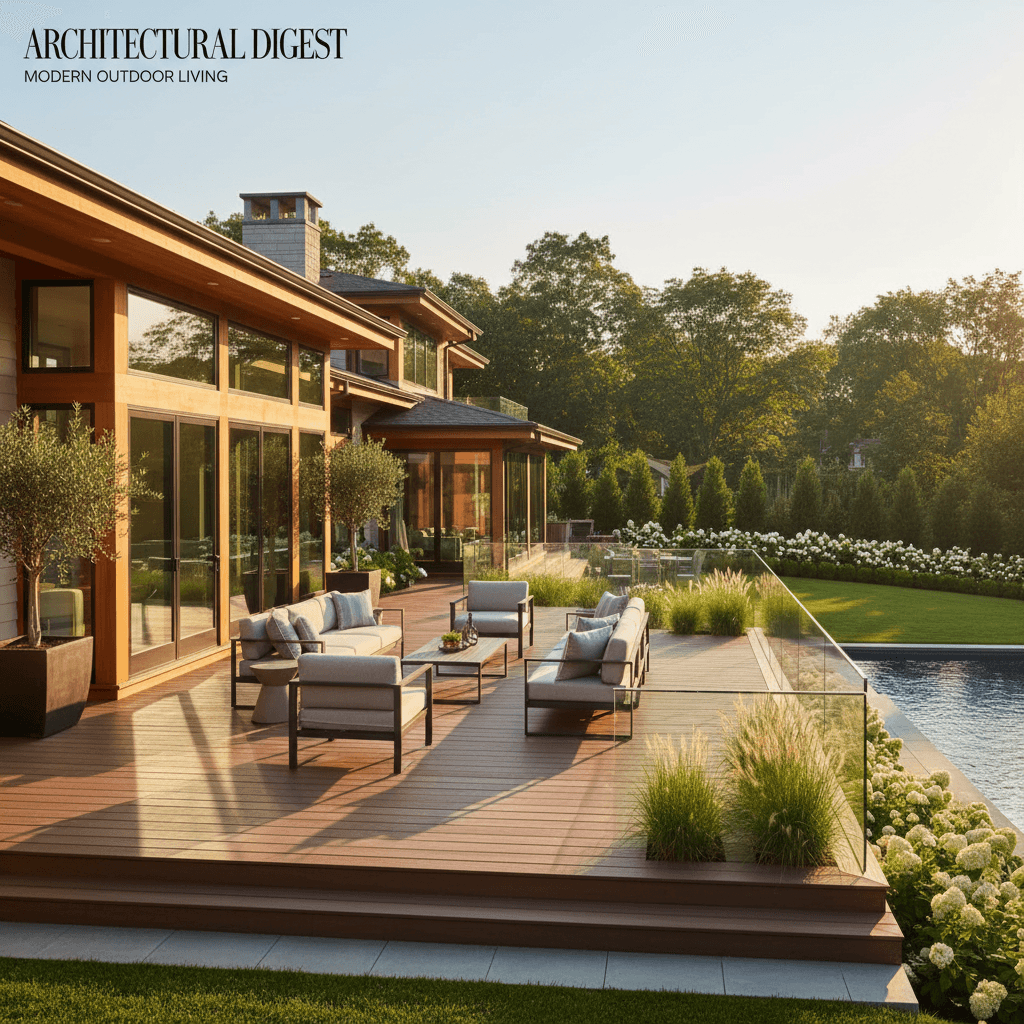 Modern home with capped composite deck at golden hour
