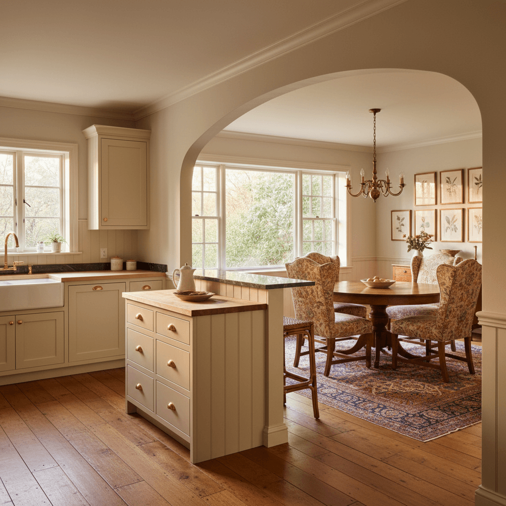 Beautiful semi-open kitchen with arched doorway to dining room