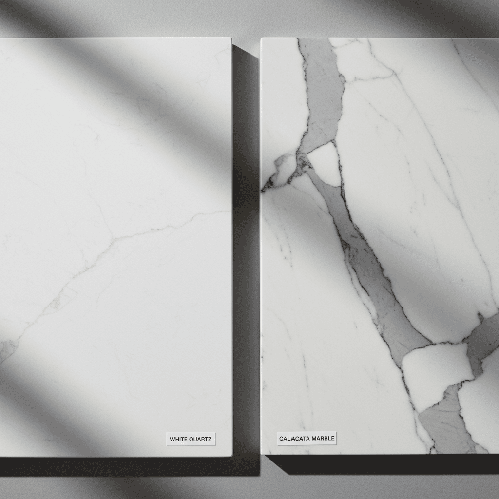 White quartz and Calacatta marble countertop samples side by side