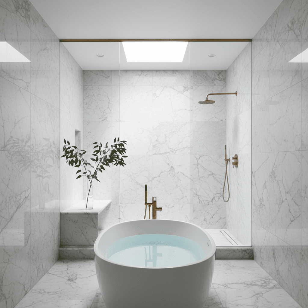 Luxury wet-room bathroom with frameless glass, soaking tub, marble