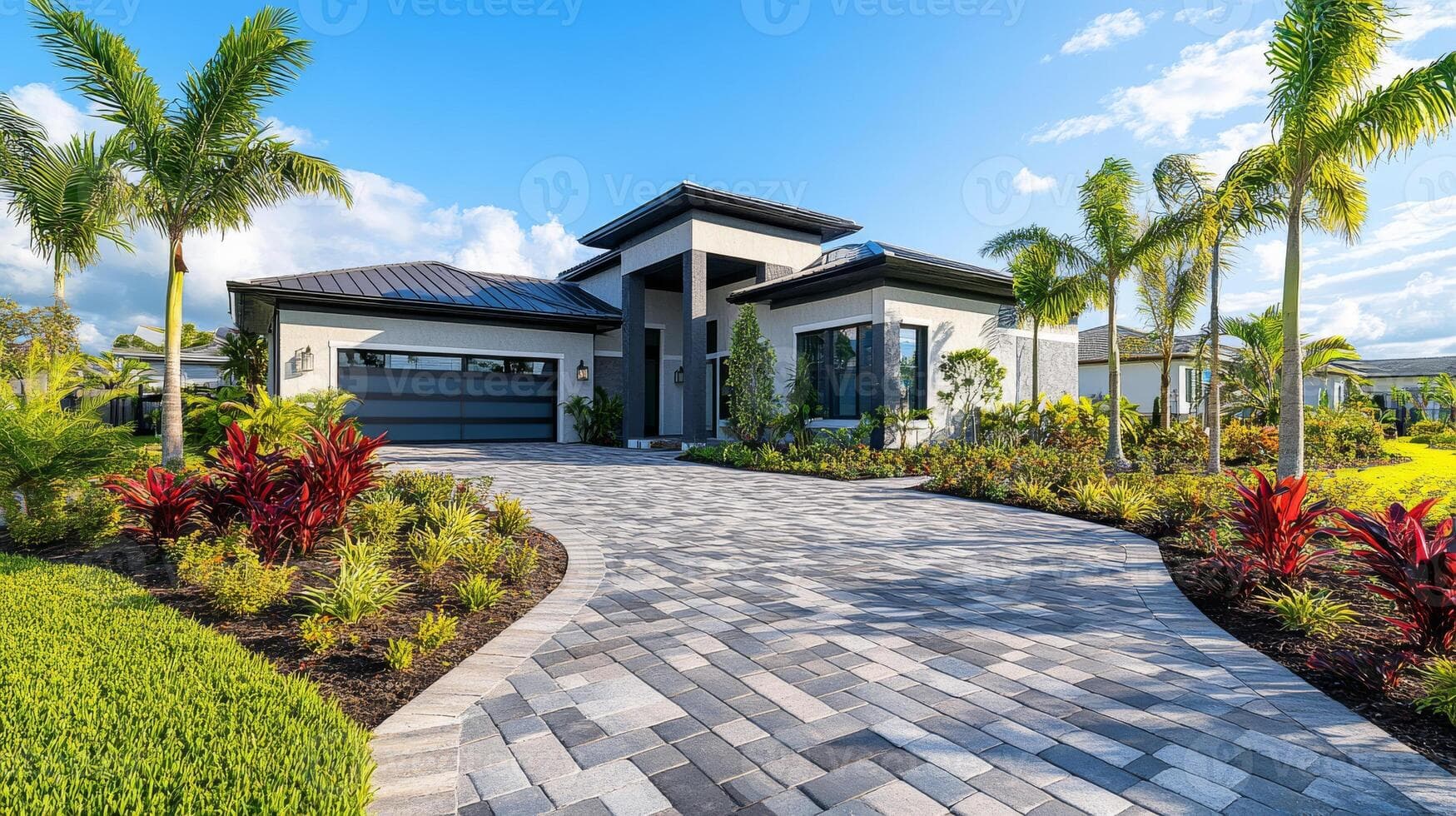 Illustrative residential driveway with defined paving and landscaping edges