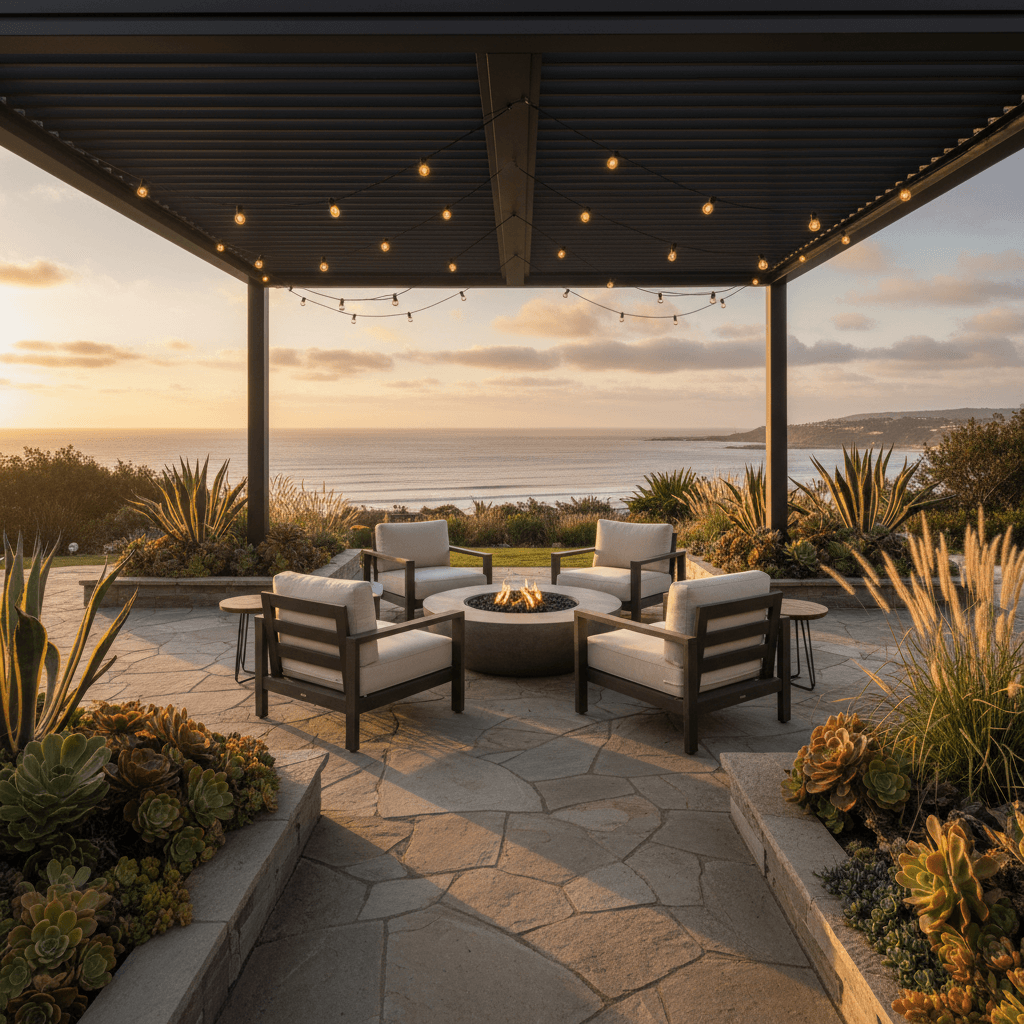 Covered outdoor seating and drought-tolerant landscaping overlooking the coast