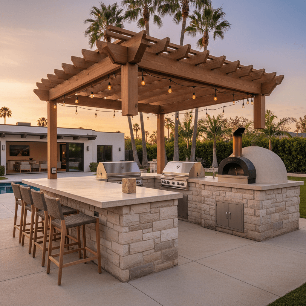 Covered California outdoor kitchen with stone counters and warm evening light