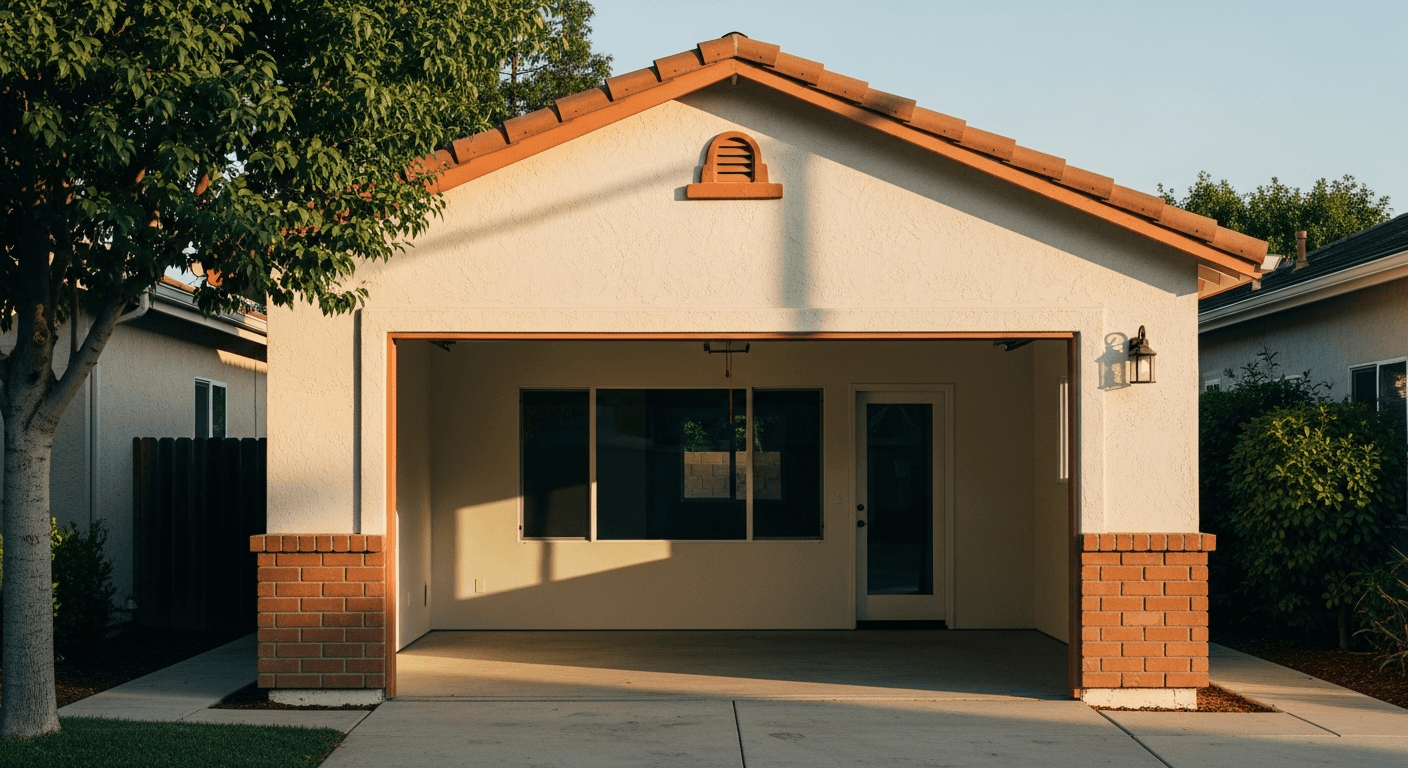 A California garage mid-conversion, its door opening framed out and fitted with a window and a side door