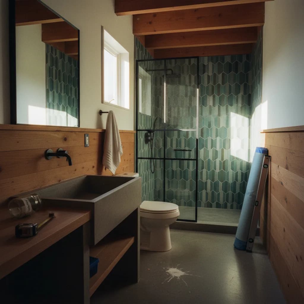 A modern Portland bathroom with a freestanding tub, large window looking out to greenery, and matte black fixtures.