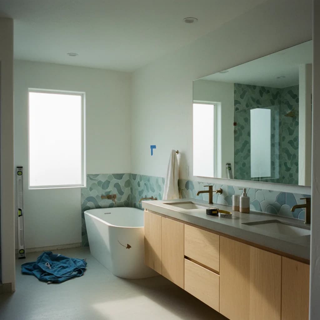 A modern San Diego bathroom with a walk-in shower featuring black Schluter trim, a floating wood vanity, and large-format porcelain tiles.