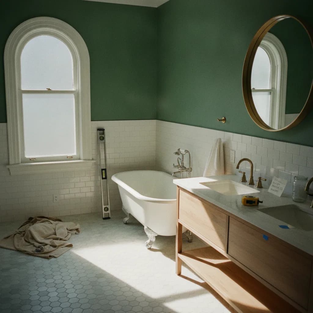 A modern, renovated bathroom in a San Francisco Victorian home, featuring a walk-in shower with black fixtures and clean, white subway tiles.