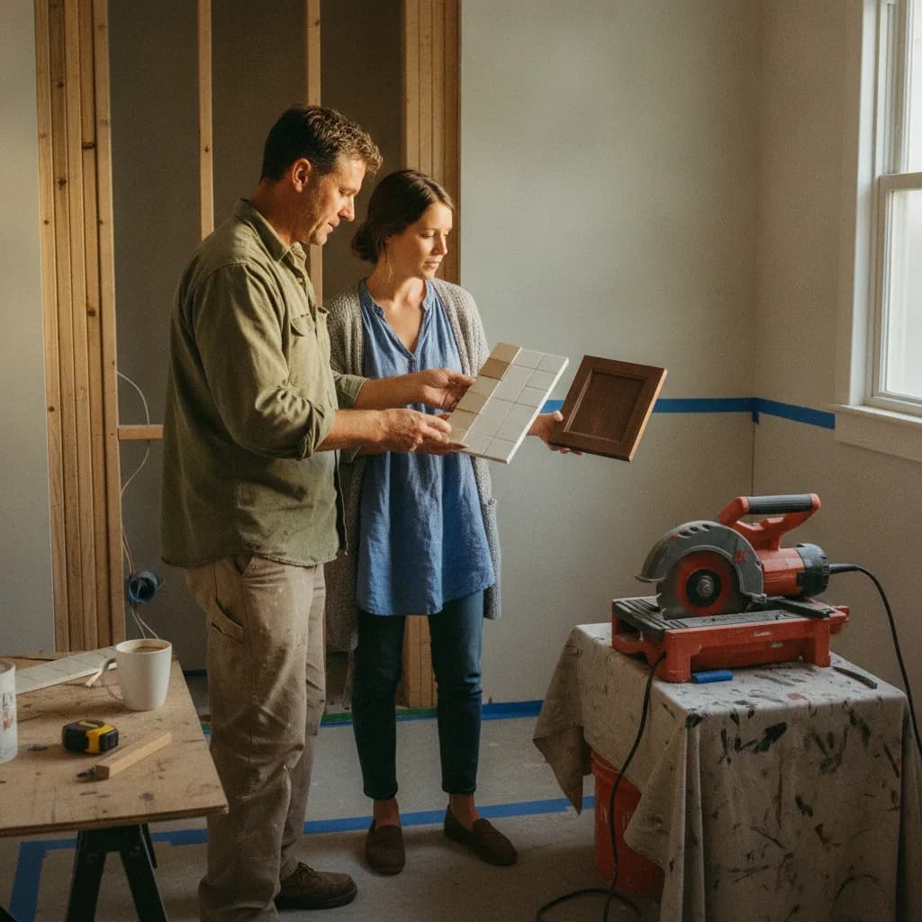 A homeowner and their contractor review tile samples in a San Francisco bathroom mid-renovation.