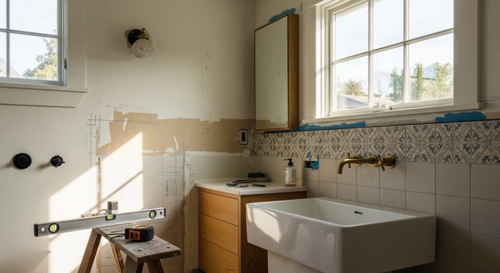 A bathroom mid-renovation in bright morning light: patterned tile going up on one wall, bare plaster with pencil layout marks on another, a brass wall faucet and white basin already installed, a spirit level and tape measure on a wooden trestle.