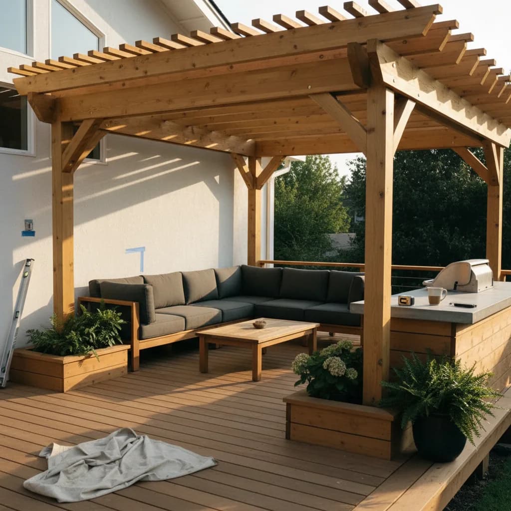 A modern cedar deck with black metal railings overlooks a lush, green Portland backyard on a misty morning.