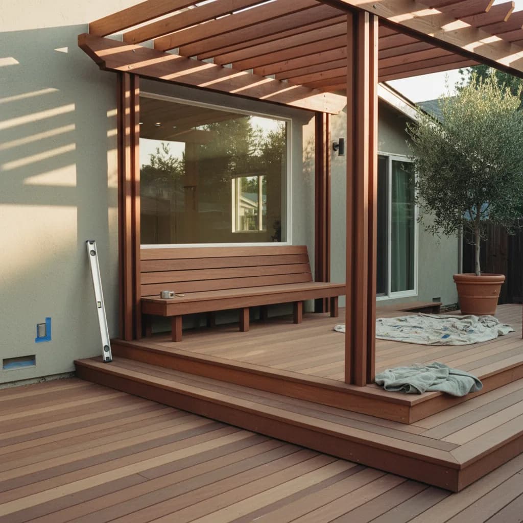 A newly built modern deck and pergola with composite decking in a Sacramento backyard, with the sun setting.