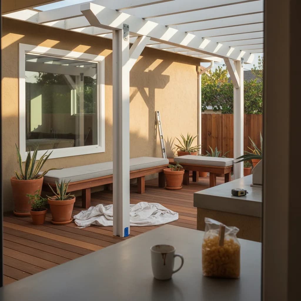 A modern Ipe wood deck with a black aluminum pergola, outdoor seating, and a view of a San Diego canyon at sunset.