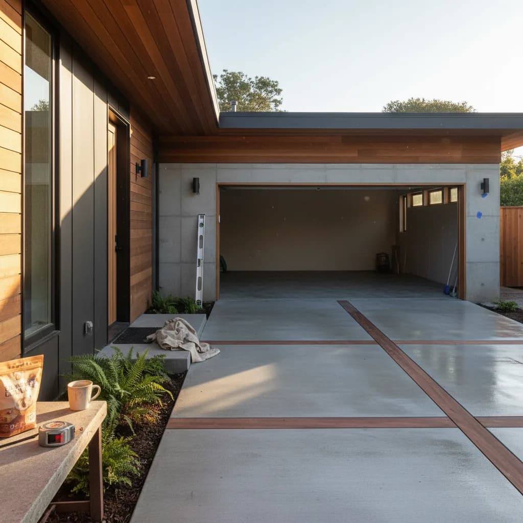 A newly installed modern concrete driveway in a San Francisco neighborhood, with clean lines and landscaping.