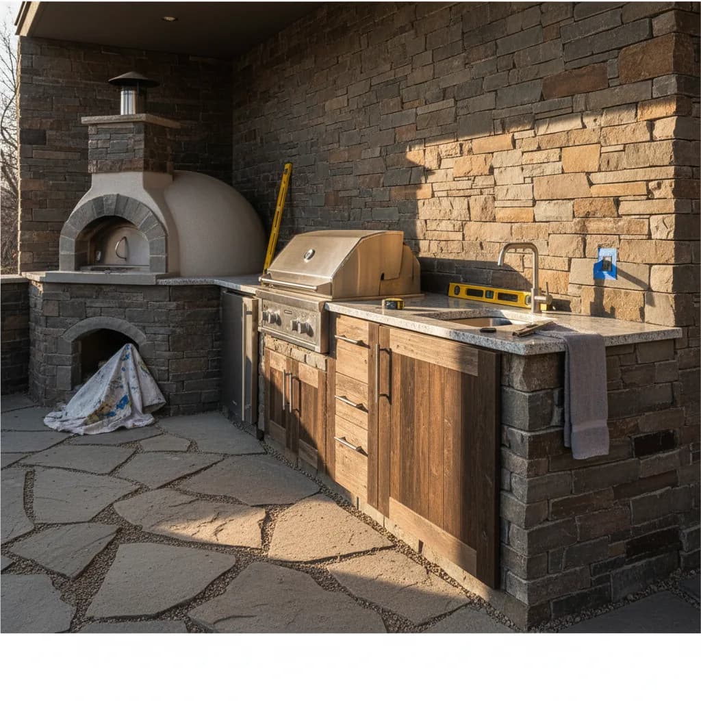 A modern outdoor kitchen in a Denver backyard at dusk, featuring stainless steel appliances, a stone countertop, and integrated lighting under a pergola.