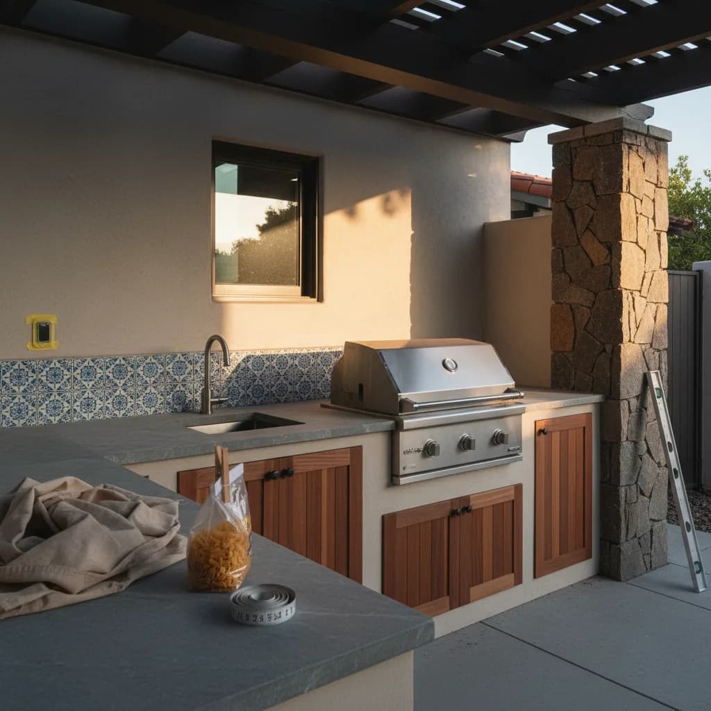 A modern outdoor kitchen in a San Francisco backyard, with concrete countertops and a built-in grill under a wood pergola.