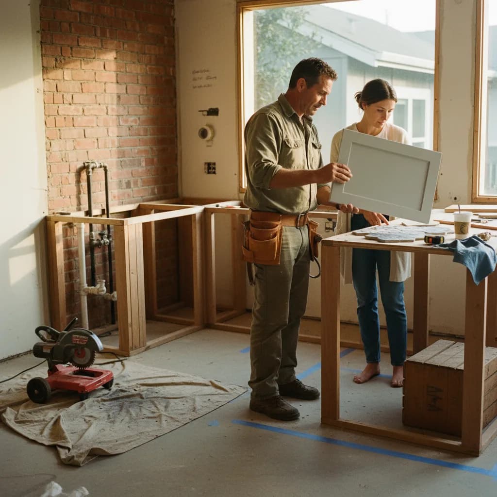 A San Francisco homeowner and their contractor review outdoor-grade cabinet finish samples on a foggy morning.