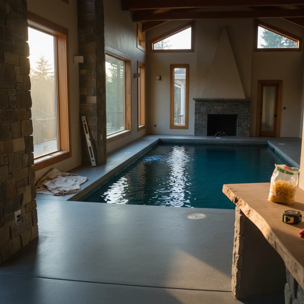 A newly installed rectangular swimming pool in a Portland backyard, surrounded by modern concrete pavers and landscaping under an overcast sky.
