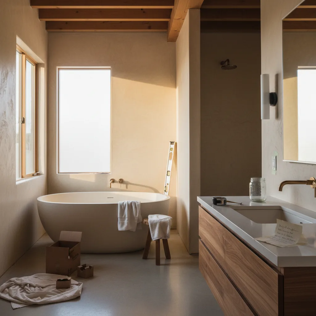 A luxurious Los Angeles bathroom featuring a freestanding tub, a rift-cut white oak vanity, and a dramatic bookmatched marble wall, illuminated by soft natural light.