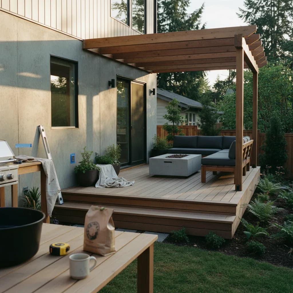 A modern Seattle deck with a black louvered pergola, glass railings overlooking Puget Sound, and comfortable outdoor furniture at dusk.