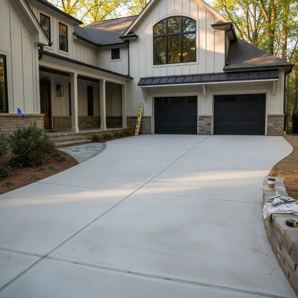 A modern Atlanta home at dusk with a charcoal permeable paver driveway, warmly lit by integrated landscape lighting that highlights surrounding greenery.