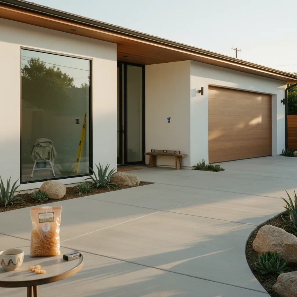 A modern San Diego home at dusk, its driveway illuminated by warm, integrated in-paver lighting, highlighting the texture of dark charcoal pavers.