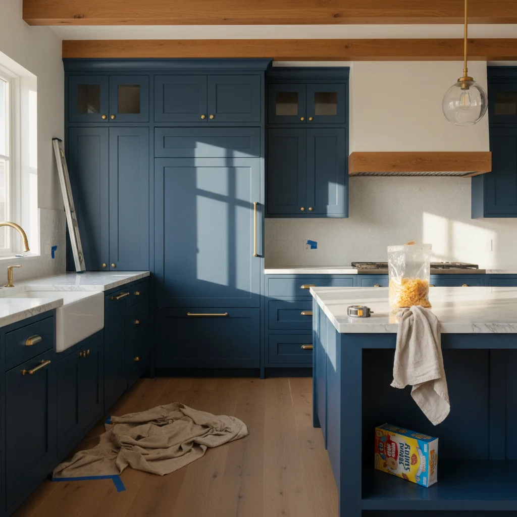 A beautifully lit San Francisco kitchen with rift-cut white oak cabinets, a dark quartzite island, and sculptural brass pendant lights.