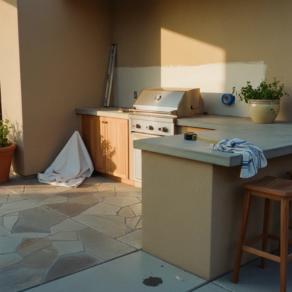 A modern outdoor kitchen in a San Diego home at dusk, featuring dark wood cabinetry, stone countertops, and integrated lighting under a covered patio.