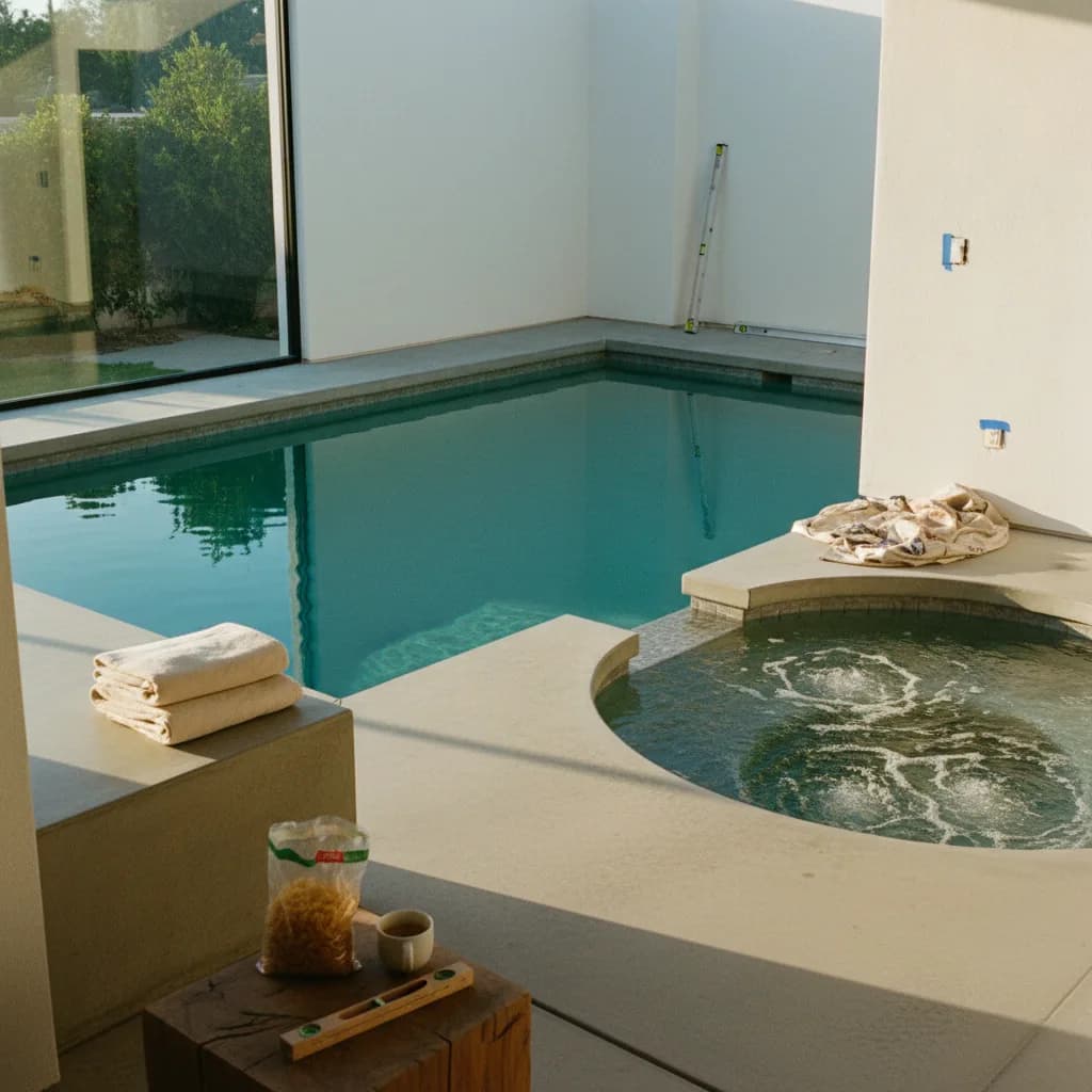 A modern Los Angeles backyard at dusk, featuring a dark-bottomed rectangular pool with an integrated spa, surrounded by honed limestone decking and warm landscape lighting.