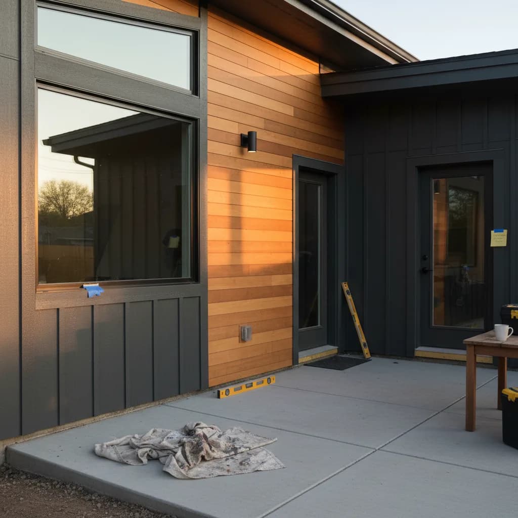 A modern Denver home at dusk featuring dark vertical siding, warm wood accents around the entryway, and large windows reflecting the sunset.