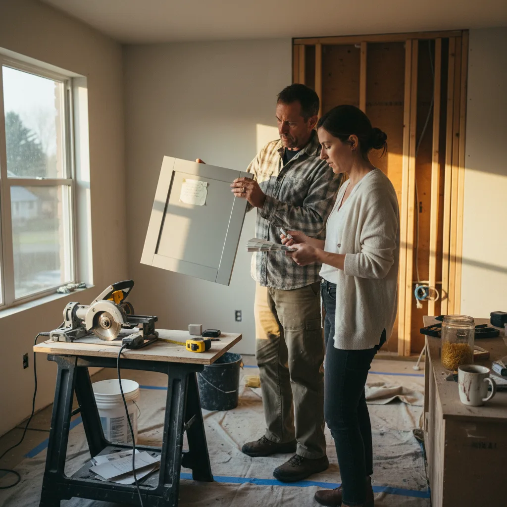 A homeowner and their siding contractor in Denver review samples of vertical fiber cement siding against an existing brick wall.