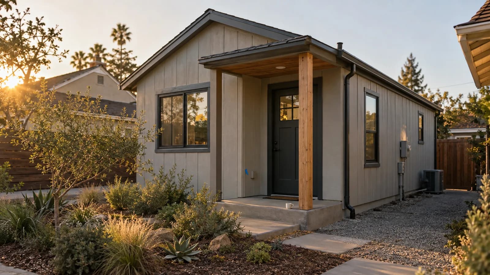 A newly constructed, modern accessory dwelling unit in the backyard of a California home, with a 'For Sale' sign in the landscaped front yard.