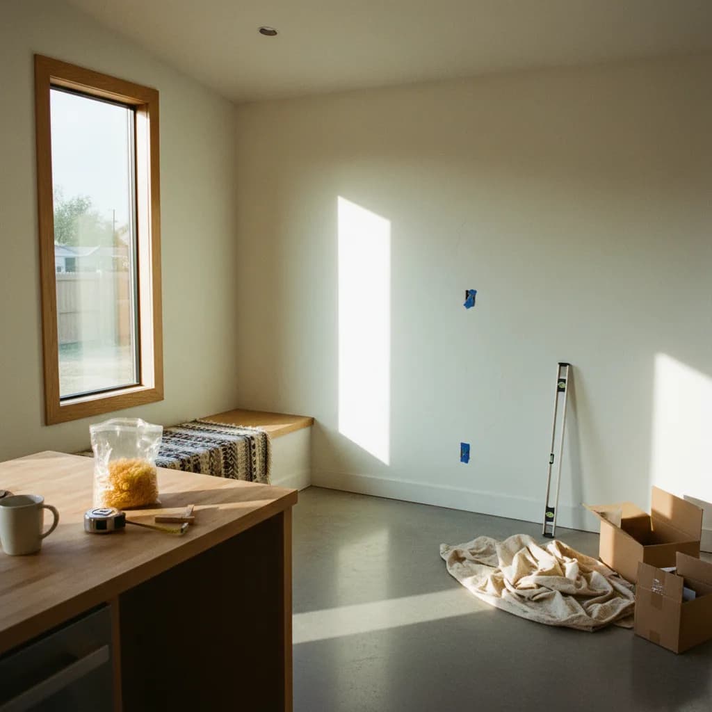 A modern, newly constructed accessory dwelling unit with dark siding and large windows in the backyard of a Dallas, Texas home.