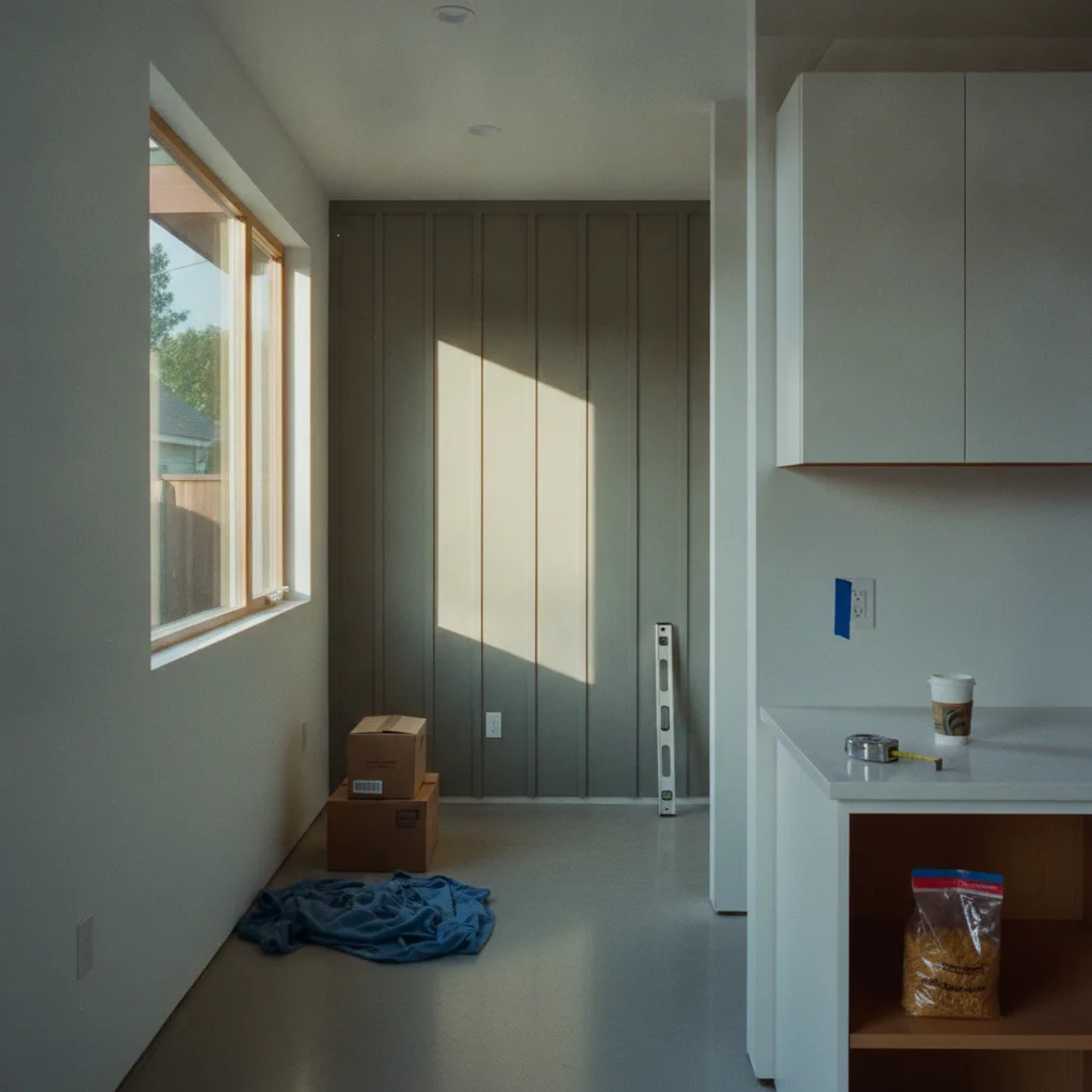 A newly constructed modern ADU in a Sacramento backyard, with large windows and a small patio area.