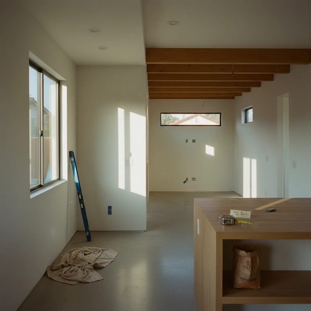 A modern, newly constructed accessory dwelling unit (ADU) in a San Diego backyard at dusk, with warm interior lights on.
