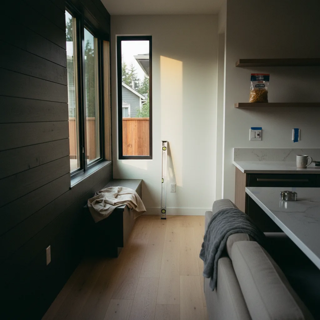A modern, two-story detached accessory dwelling unit (DADU) in a Seattle backyard, featuring dark wood siding and large windows, surrounded by a landscaped garden.