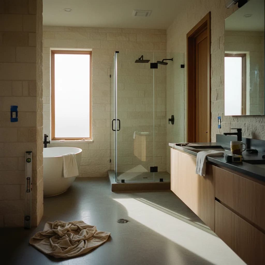 A newly remodeled modern bathroom in a Dallas home, featuring a freestanding tub, glass-enclosed shower, and double vanity with clean lines and neutral tones.