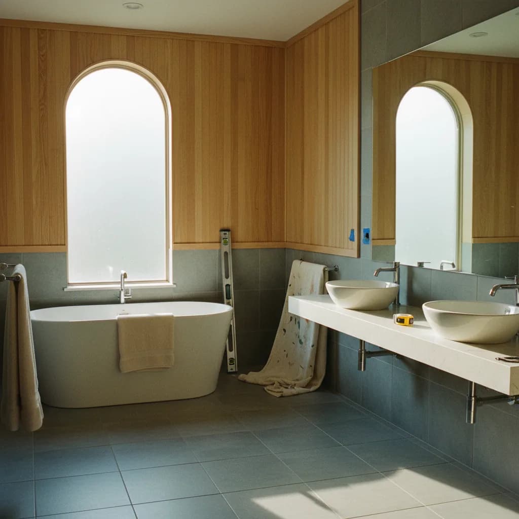 A modern, newly remodeled primary bathroom in a Houston home, featuring a freestanding tub, walk-in glass shower, and double vanity with quartz countertops.