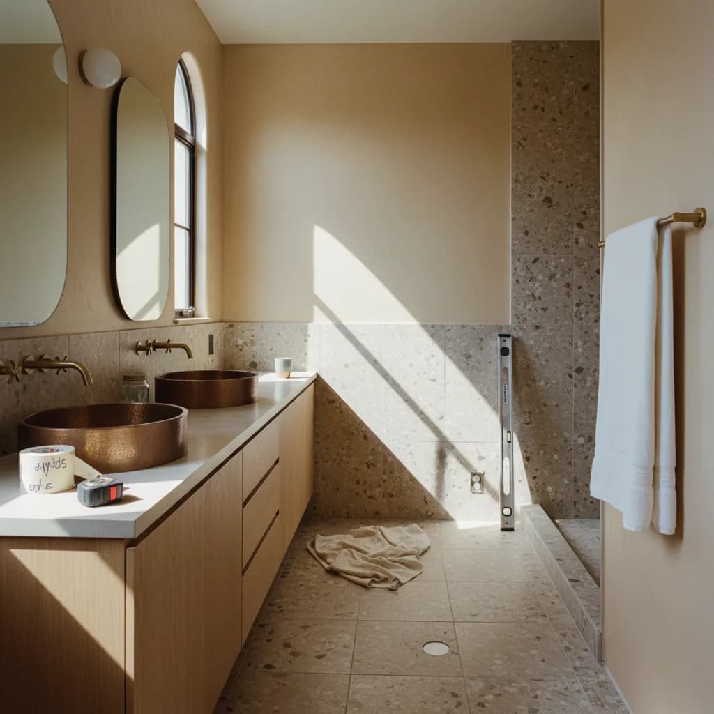 A newly remodeled modern bathroom in a Los Angeles home, featuring a walk-in shower with glass enclosure, a freestanding tub, and a double vanity.